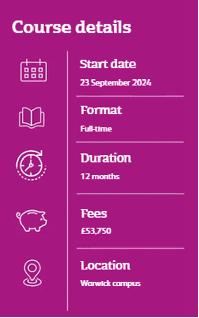 Information on start date, format, duration, fees, and location for the Warwick MBA course.