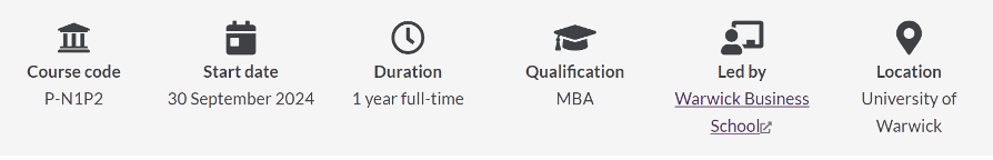 Quick facts about the Warwick MBA program, showing course code, start date, duration, and location.