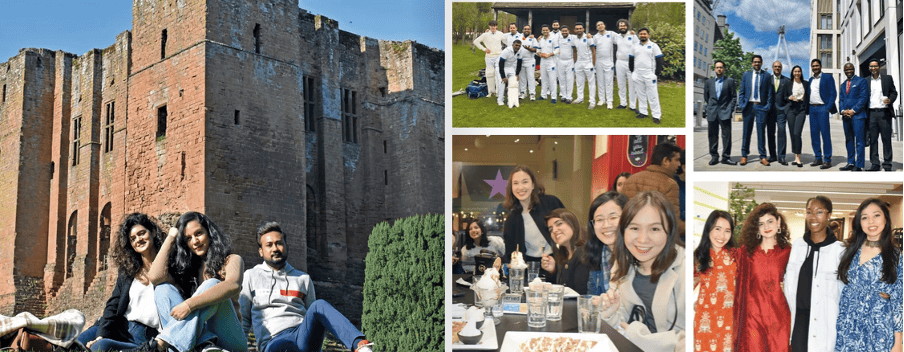 Collage depicting student life at Warwick, including campus views and student activities.