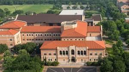 Aerial view of Rice University Jones Graduate School of Business campus buildings