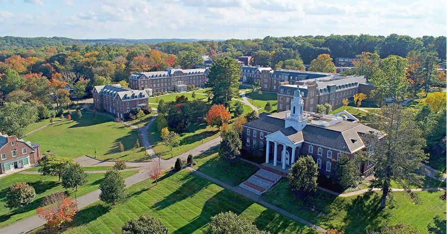 Aerial view of Babson College campus showcasing MBA facilities
