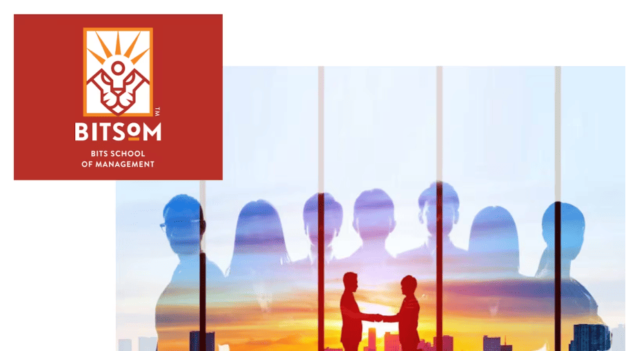 BITSOM logo with a backdrop of silhouetted students networking against a cityscape during sunset.