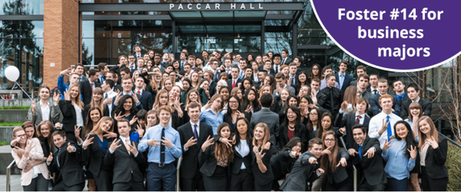Business majors group photo at Foster School of Business