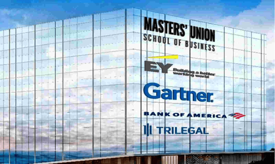 Masters' Union School of Business building with partner brand logos: EY, Gartner, Bank of America, and Trilegal.