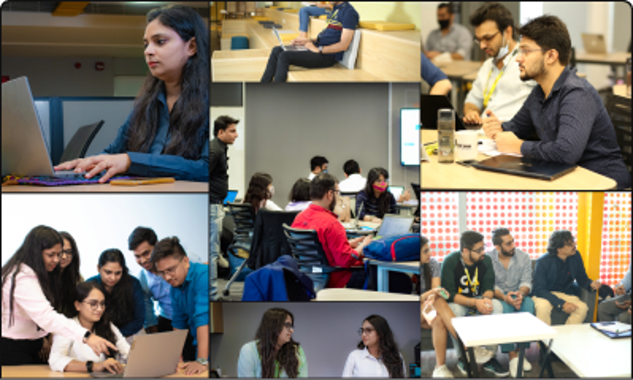 Collage of students studying, discussing, and working at Masters' Union School of Business.
