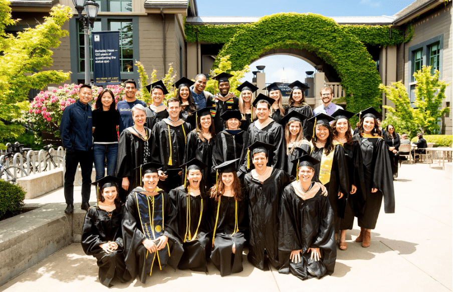 A diverse group of UC Berkeley Haas MBA graduates celebrating their achievements.
